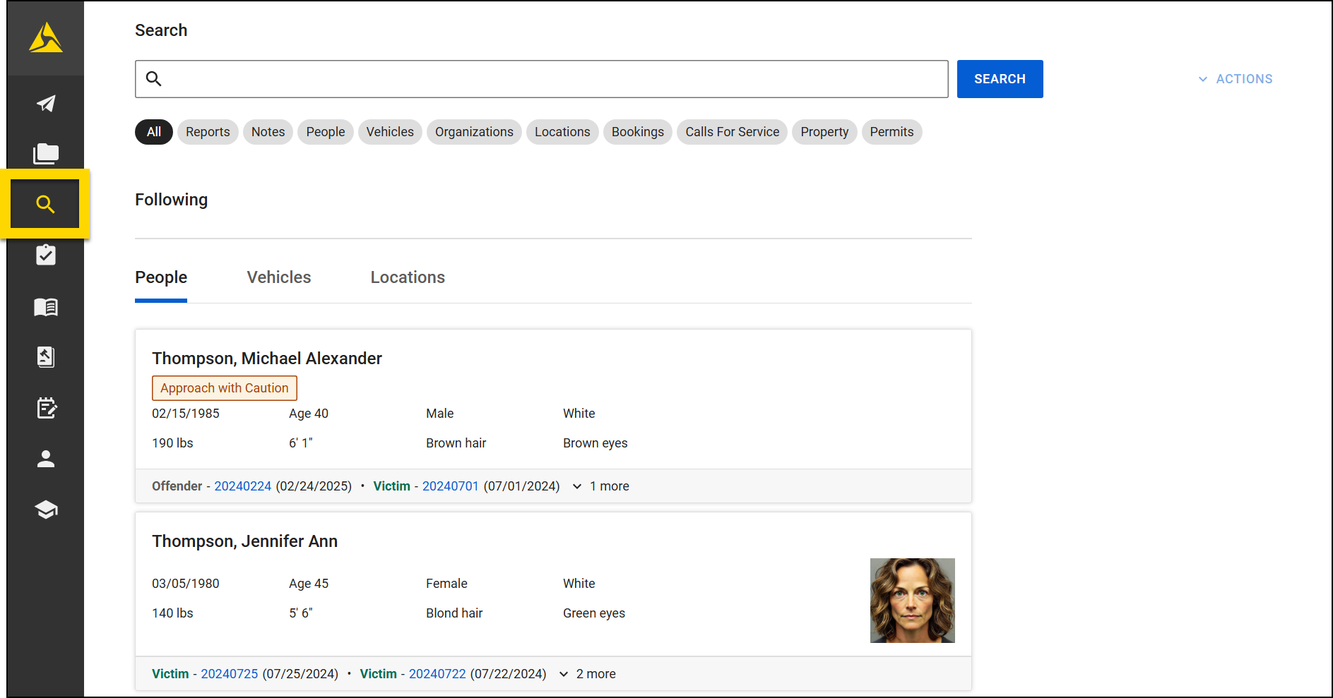 The image shows the Search module with the search icon highlighted in yellow on the left navigation panel. At the top, there is a search bar with category filter tags displayed below it.