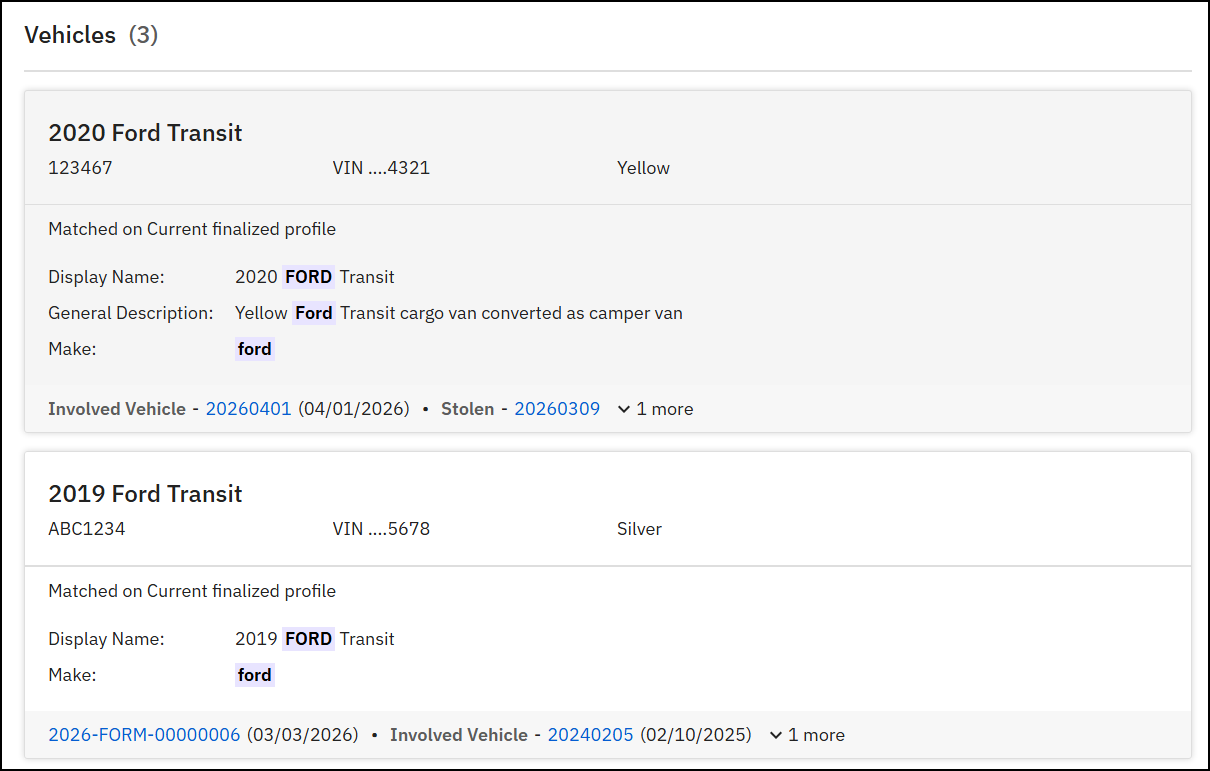 The image shows two vehicle search results under the Vehicles tab. The first result has a gray background, indicating that it has already been viewed. The second search result has a white background, indicating that it has not been vieweed yet.