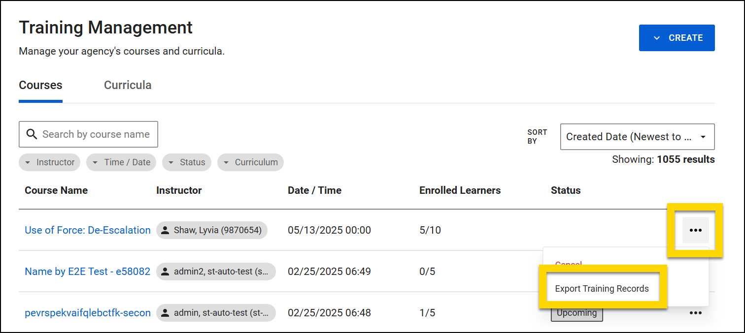 The image shows the Training Management page displaying a list of courses with details such as course name, instructor, date, enrolled learners, and status. A yellow highlight emphasizes the three-dot menu in the Status column and the Export Training Records option in the dropdown. 