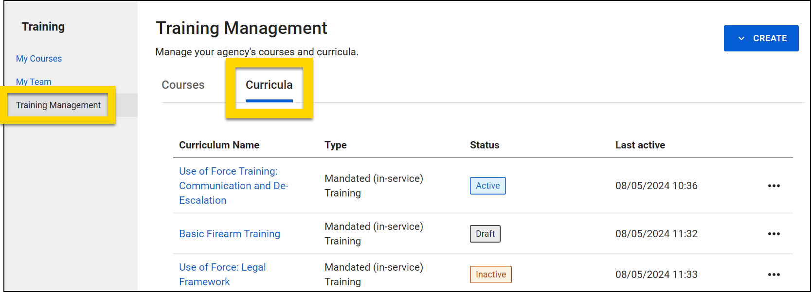 The image shows the Training Management page within the Training module. The left navigation panel highlights the Training Management section, while the main content area displays the Curricula tab under Courses. A table lists curricula with columns for Curriculum Name, Type, Status, and Last Active date. The yellow highlights emphasize the Training Management menu item and the Curricula tab.
