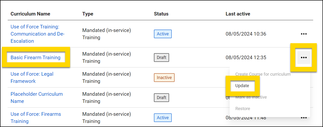 The image shows a curriculum management table in the Training Management module. One curriculum name is highlighted, and its status is marked as Draft. A yellow highlight emphasizes the three-dot menu on the right, which is expanded to show options, including Update. This indicates that the user can modify the selected curriculum.
