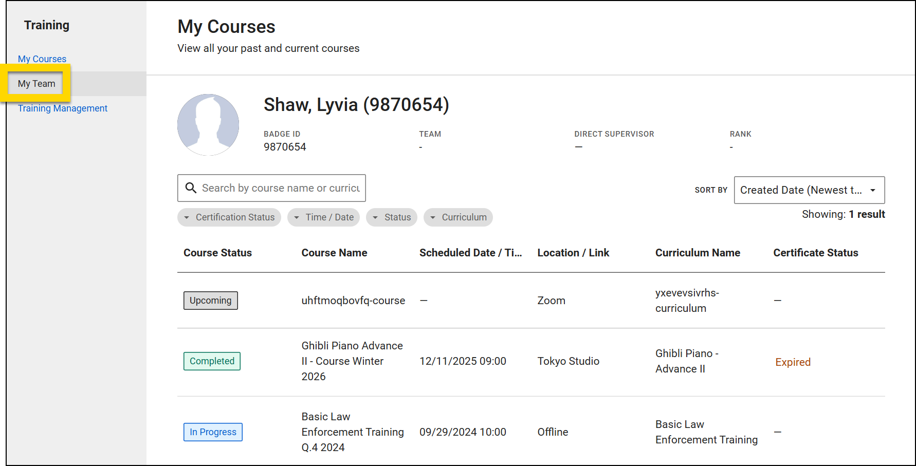 The image shows the My Courses page. The left highlights the My Courses item. The main section displays user information, including Badge ID, Team, Direct Supervisor, and Rank. Below, a list of courses is shown with details such as Certificate Status, Curriculum Name, Course Status, Scheduled Time/Date, and Location. Course statuses include Canceled, In Progress, Upcoming, and Completed.