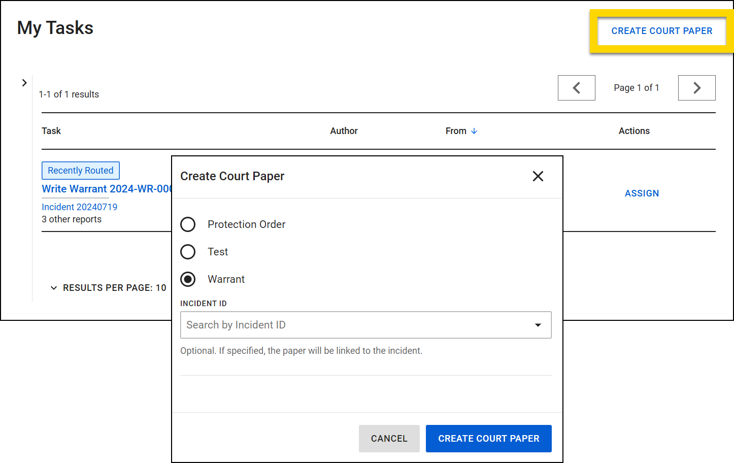 The image displays the My Tasks inbox, showing a list of tasks. The top right corner highlights the Create Court Paper button in yellow. When selected, the Create Court Paper dialog appears, providing options to select Protection Order, Test, or Warrant, with Warrant currently selected. An Incident ID search field is provided below.