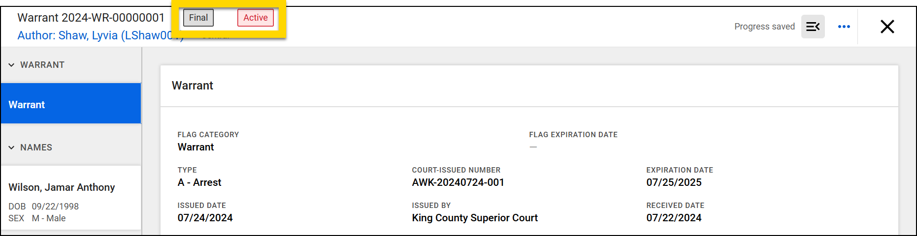 The image shows a warrant in Report Writer with two statuses, Final and Active at the top. The left navigation panel highlights the Warrant section, displaying key details such as the flag category, type, issued date, expiration date, and issuing court.