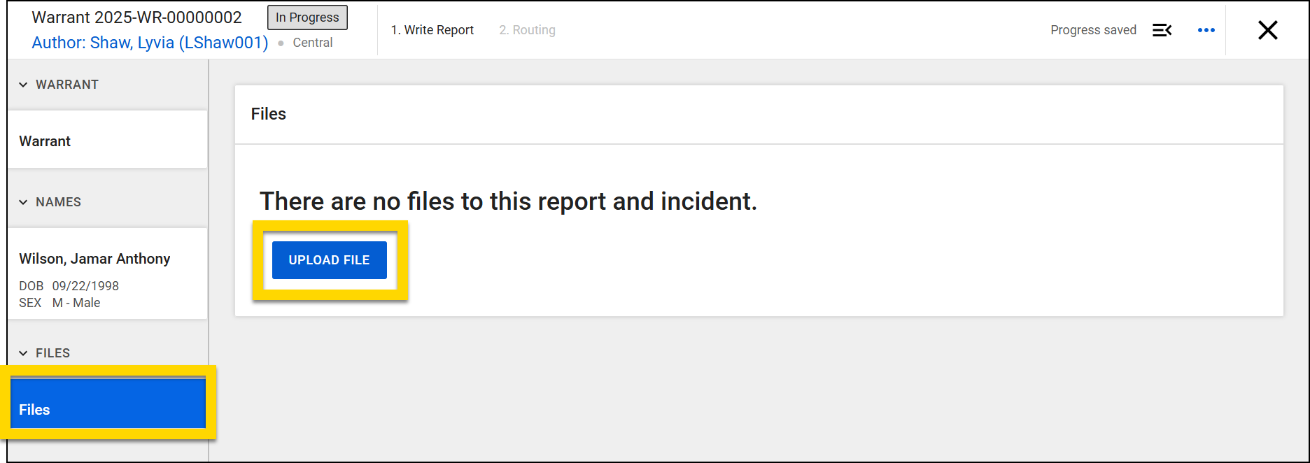 The image shows a warrant in Report Writer with the Files section selected in the left navigation panel. A message in the main content area states that there are no files associated with the report or incident. The highlighted Upload File button allows users to add files to the paper.