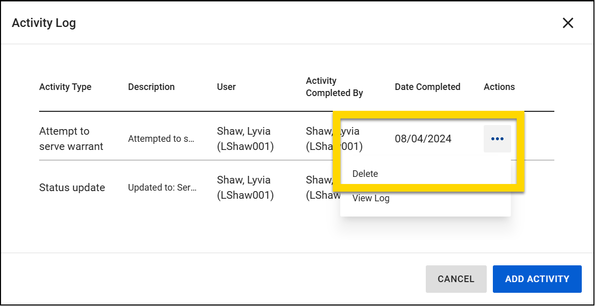 The image displays the Activity Log screen, listing activities with details across columns: Activity Type, Description, User, Activity Completed By, Date Completed, and Actions. The Actions column shows an ellipsis button for additional options, which is highlighted along with the Delete option.