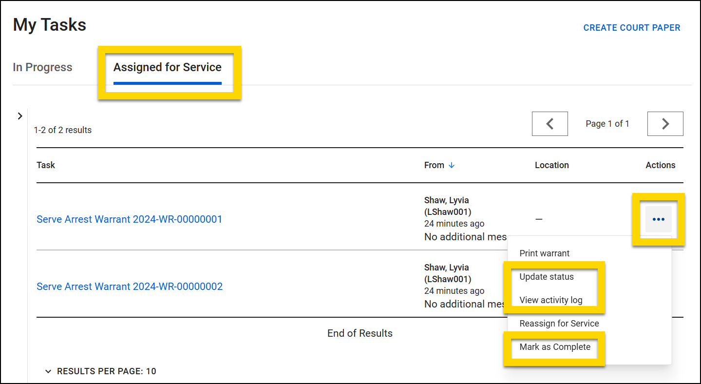 The image shows the My Tasks inbox with the Assigned for Service tab highlighted at the top. A menu is expanded from the Actions column, showing options such as Update Status, Reassign for Service, and Mark as Complete, all highlighted.