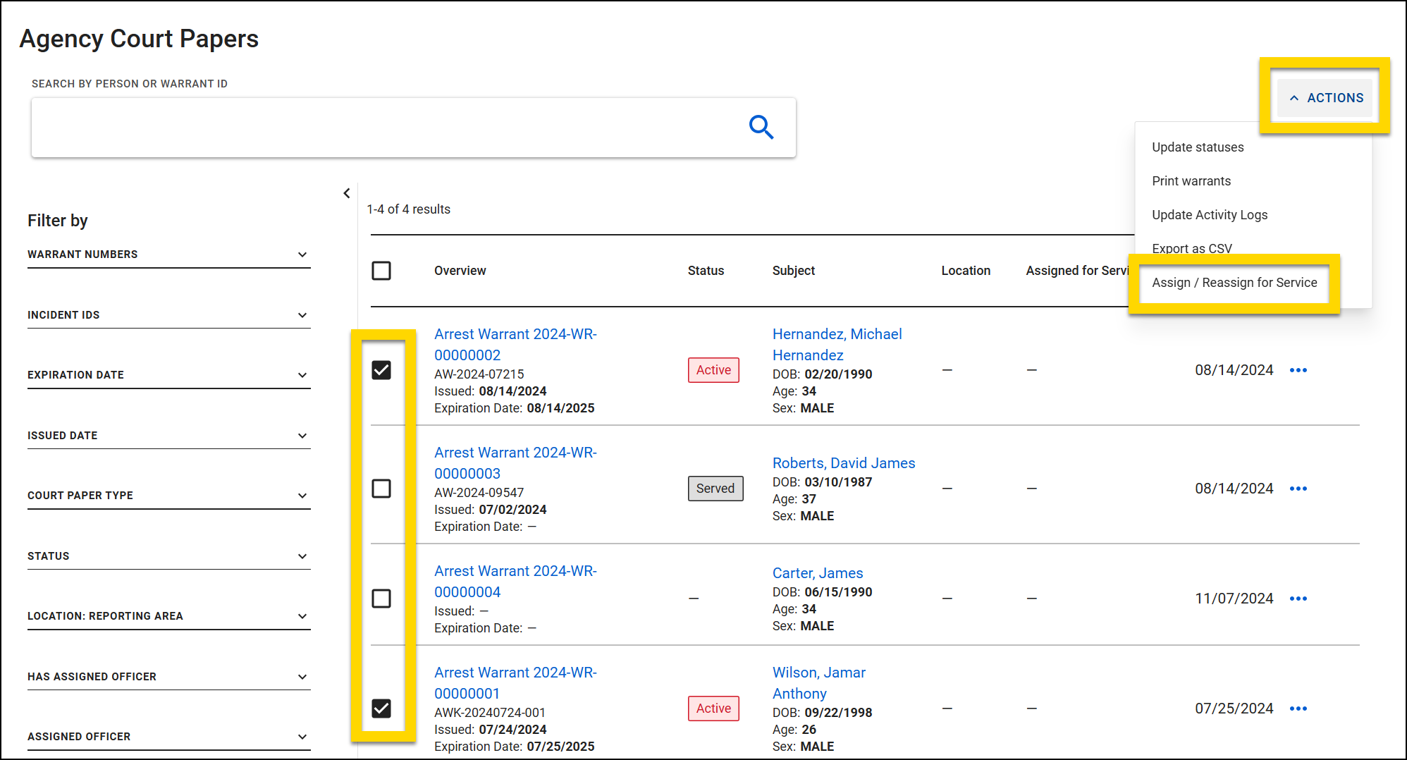 The image shows the Agency Court Papers inbox displaying a list of arrest warrants with various details, including status, subject, and assigned service dates. Yellow highlights indicate selected warrants in the leftmost column and the Actions dropdown menu in the top right, where the Assign/Reassign for Service option is visible.