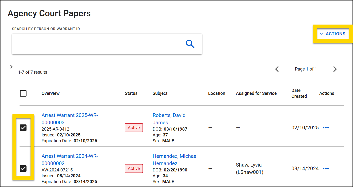 The image shows the Agency Court Papers inbox displaying a list of arrest warrants. Two warrants are selected, indicated by checked boxes in the leftmost column. The Actions button in the top right is highlighted, suggesting that bulk actions can be performed on the selected warrants.