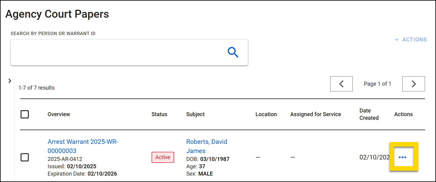 The image shows the Agency Court Papers inbox displaying a list of arrest warrants. The table includes details such as warrant number, status, subject, issued date, and expiration date. The Actions menu in the rightmost column is highlighted, indicating that additional options are available for managing the selected warrant.