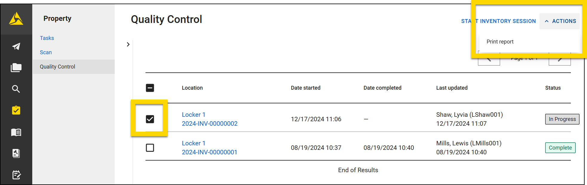 Screenshot of the Quality Control section in the Property module. A checkbox is highlighted showing one line item is selected. The Actions button in the upper right corner is highlighted and shows the option to Print Report as explained in the steps above.
