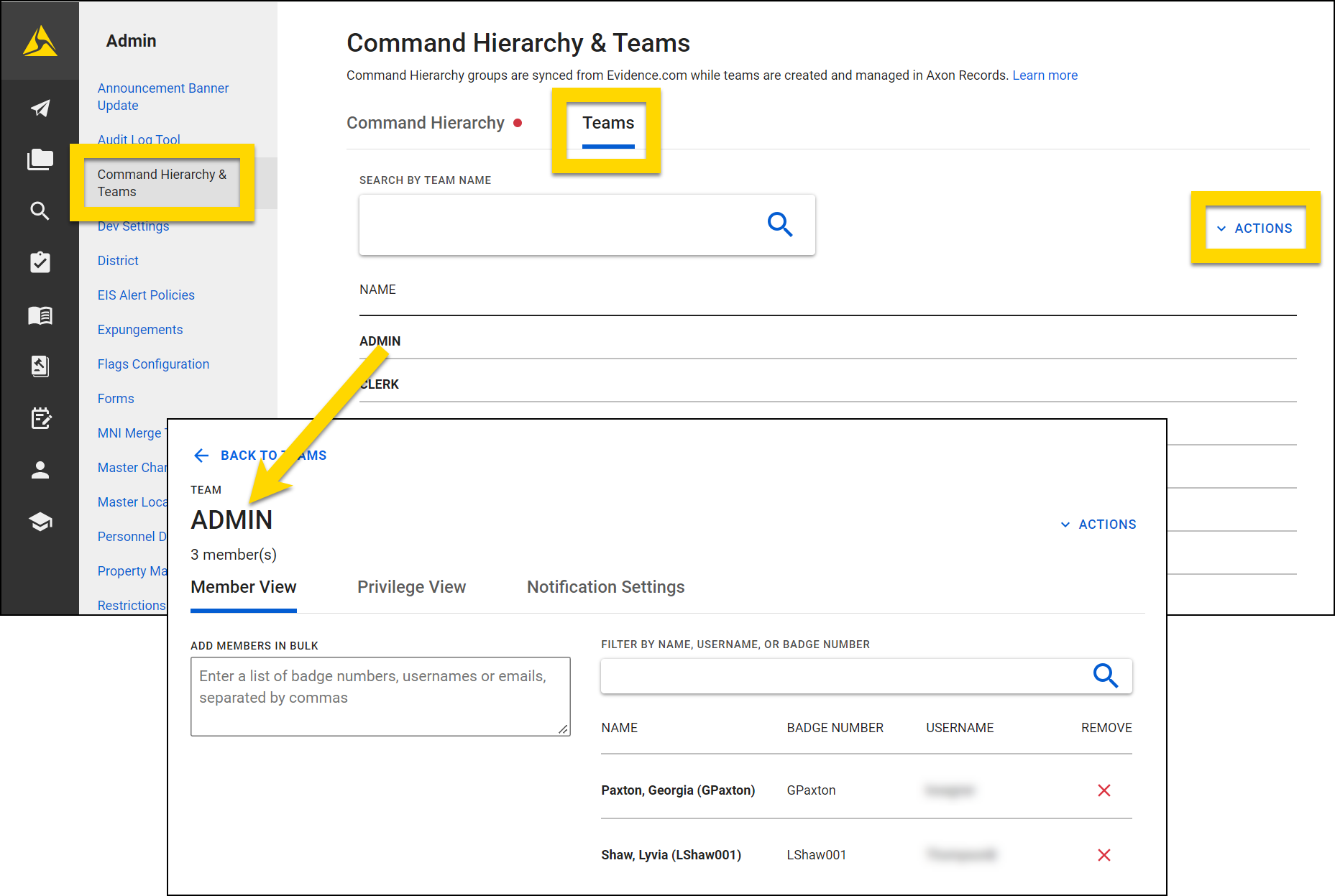 Shows the Teams tab in the Command Hieararchy and Teams tool.