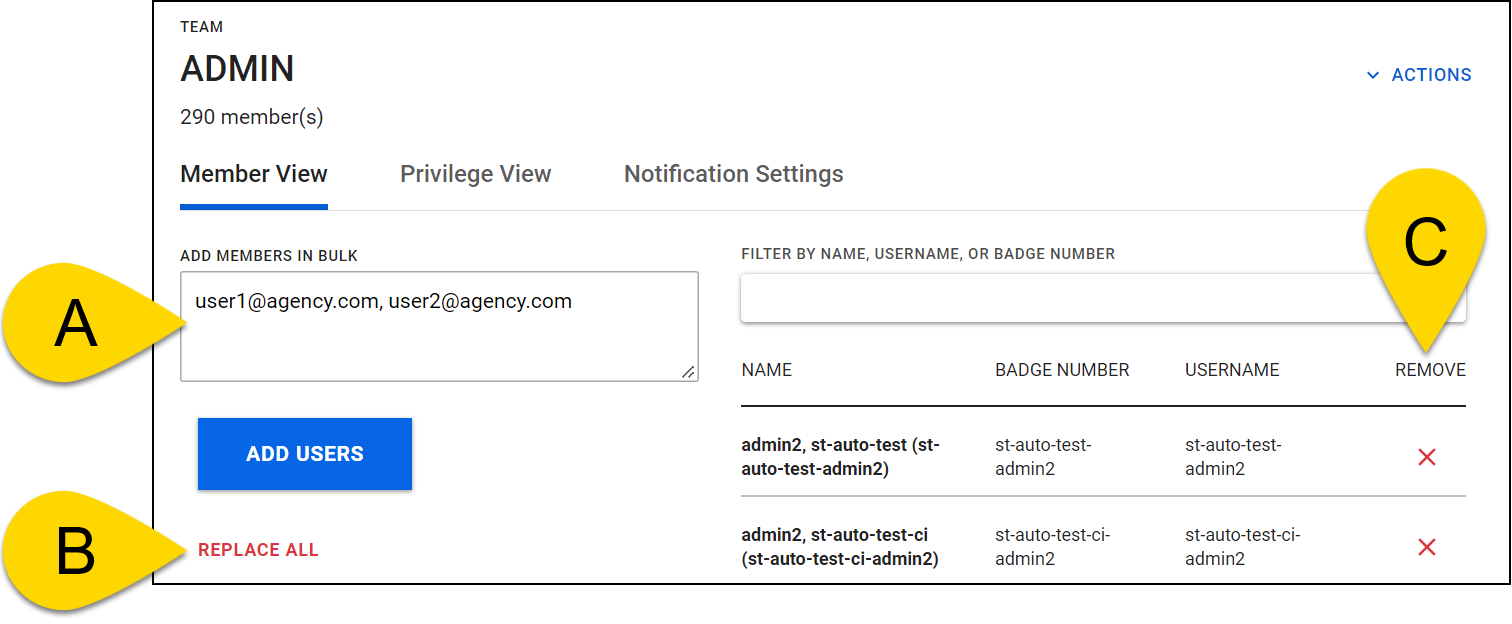 Shows how to add, remove, and replace team members from within the Administrator Console.