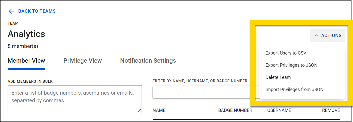 Shows the options that appear in the Actions menu.