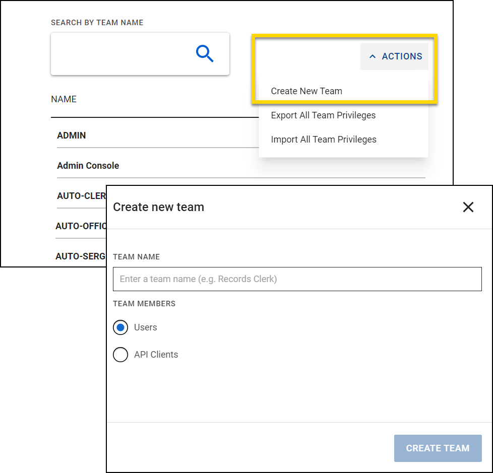 Shows how to create a new team.