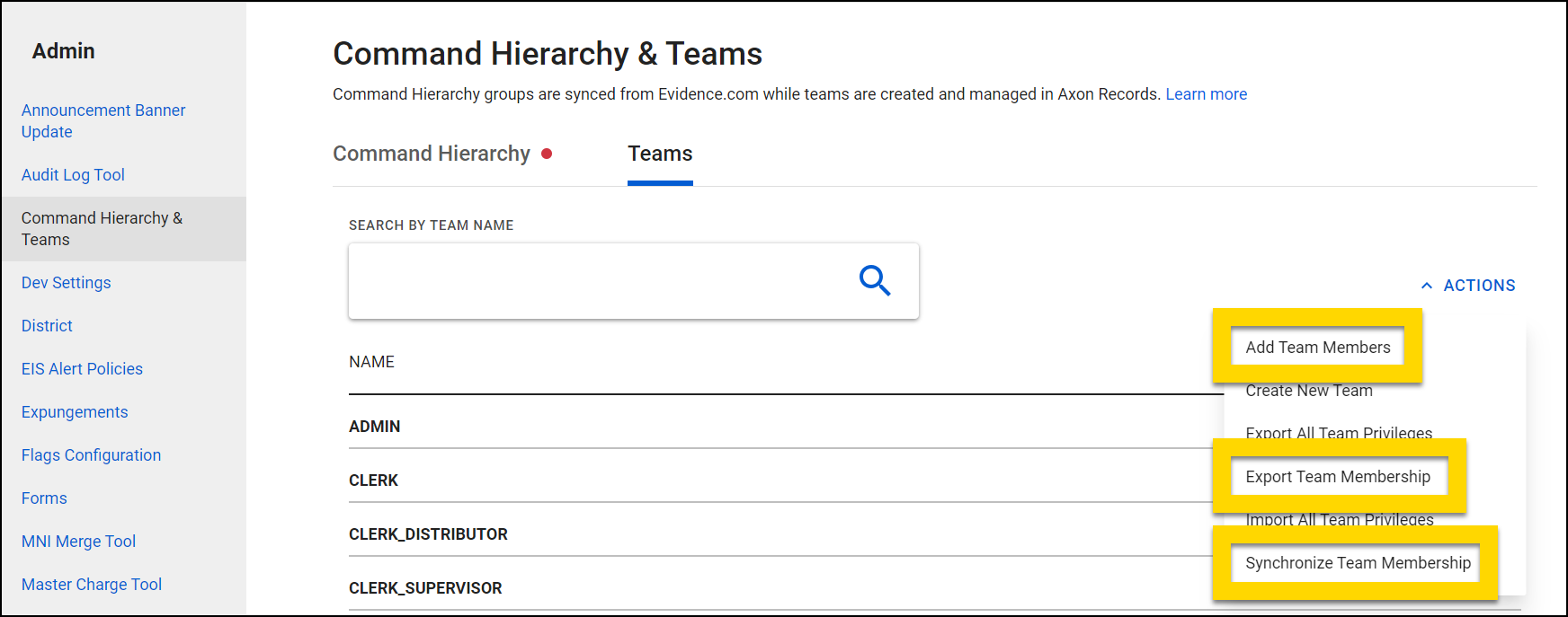 Shows several options in the Actions menu that let you manage team membership using CSV files.