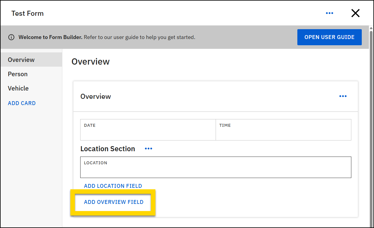 Screenshot of a form with the Overview card open and Add Overview field highlighted.