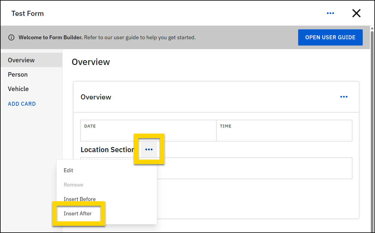 Screenshot of a form with the Overview card open and Add Location field highlighted.