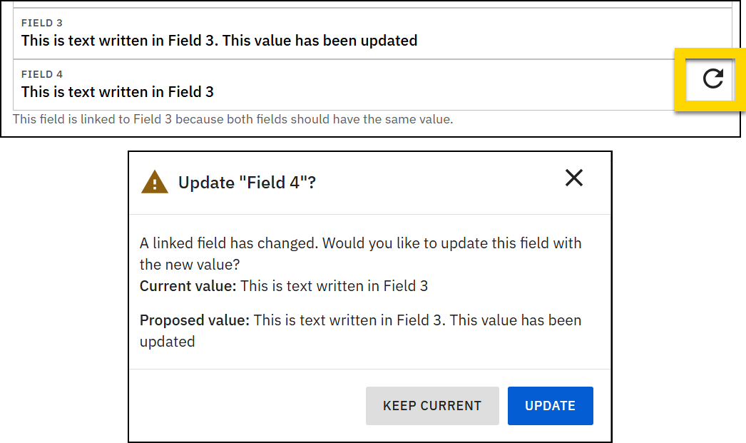 The image shows three Checkbox optionst. A yellow arrow points to the Option 1 text field near the top of the section. Below the options, the Default values area displays Metadata and User radio buttons and a Default value dropdown with Option 1 selected.