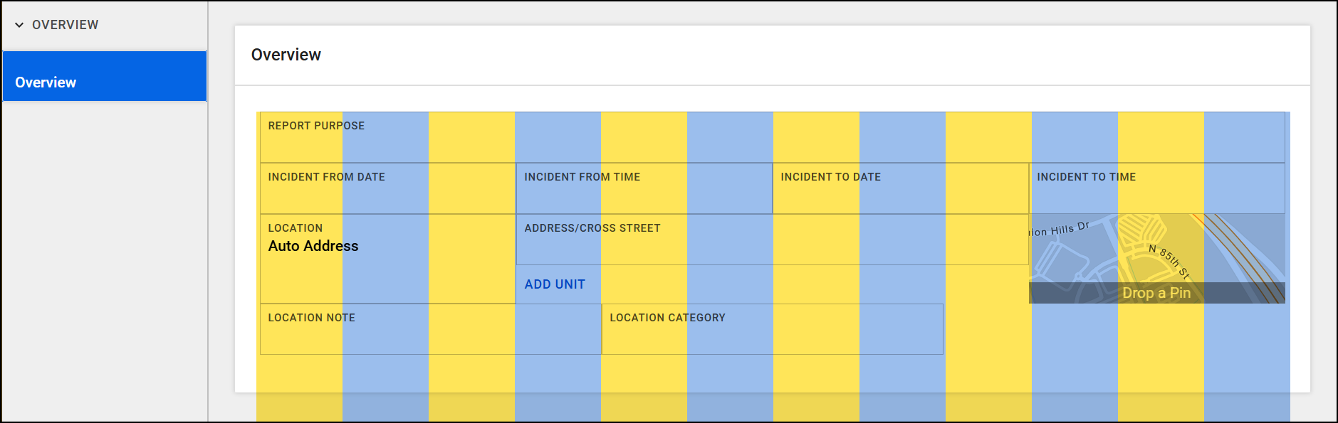 The image shows a form  in Form Builder with alternating yellow and blue column highlights representing the invisible columns that set field widths.