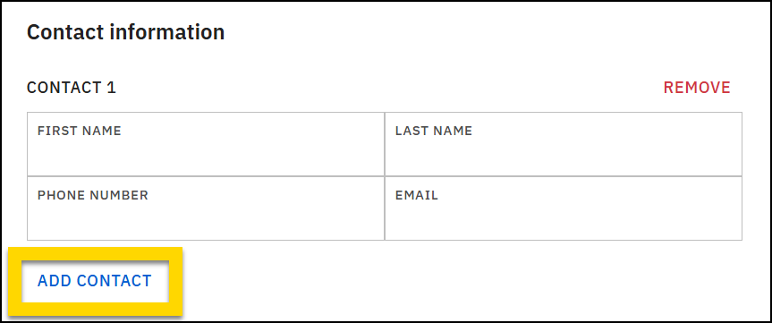 The image shows a Contact information section. Below are several fields. A yellow box highlights the Add Contact button located at the bottom of the section.