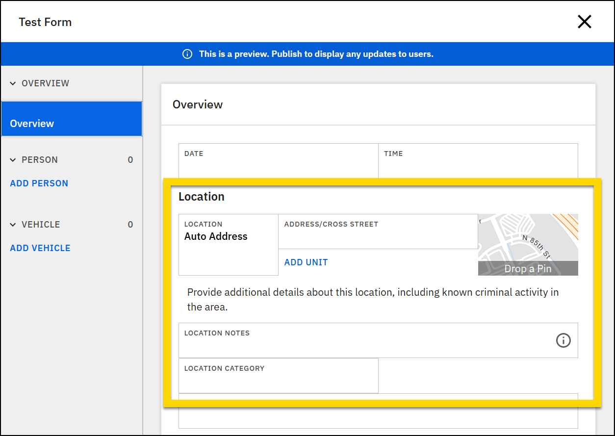 The image shows a form. A yellow box highlights the Location section in the main panel, including various location fields