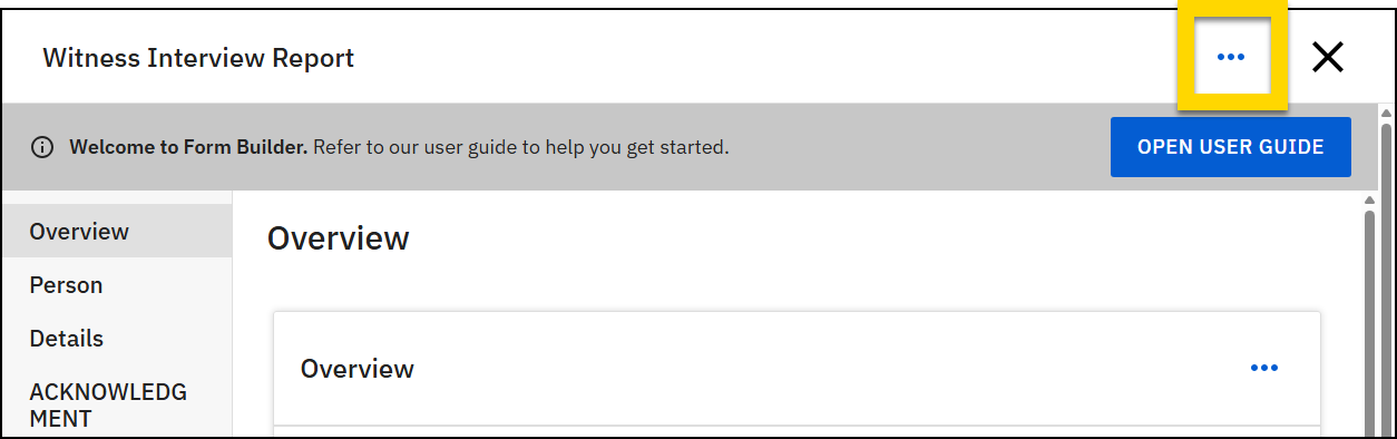 Screenshot of an open form. The More actions icon in the upper right corner is highlighted. 