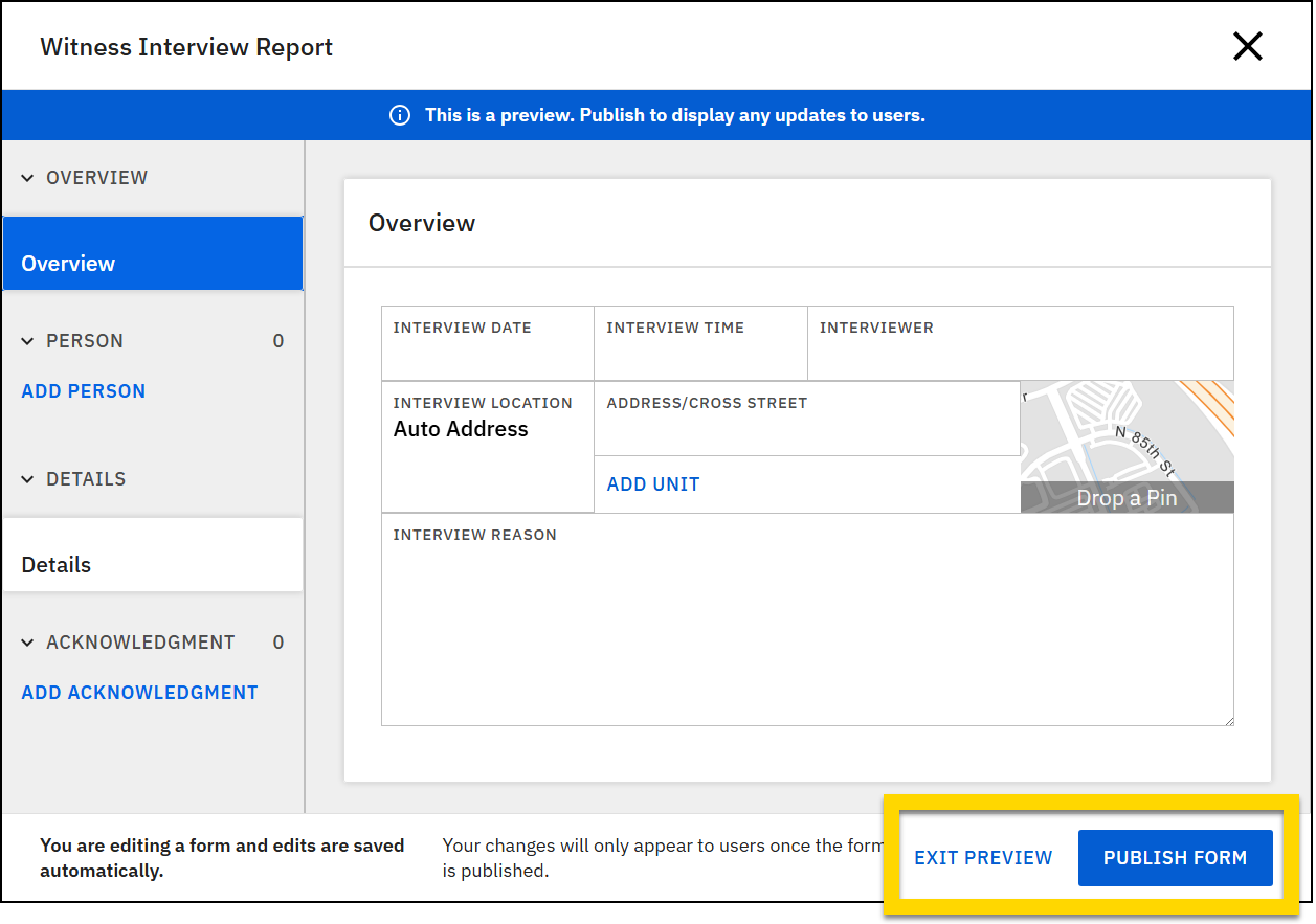 Screenshot of a form in Preview mode. The Exit preview button and Publish form buttons are highlighted in the lower right corner.