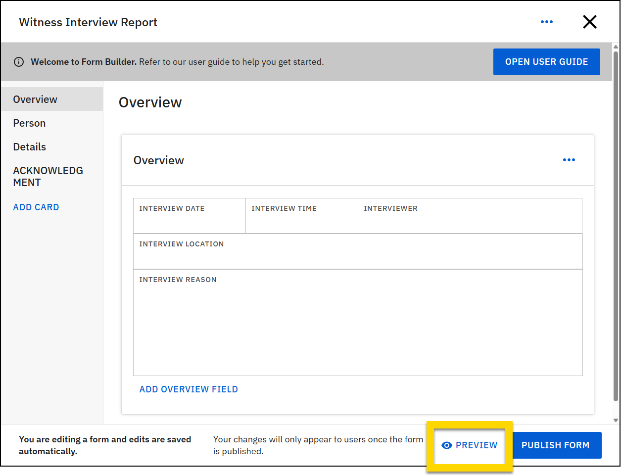 Screenshot of a form in Form Builder highlighting the Preview button in the lower right corner.