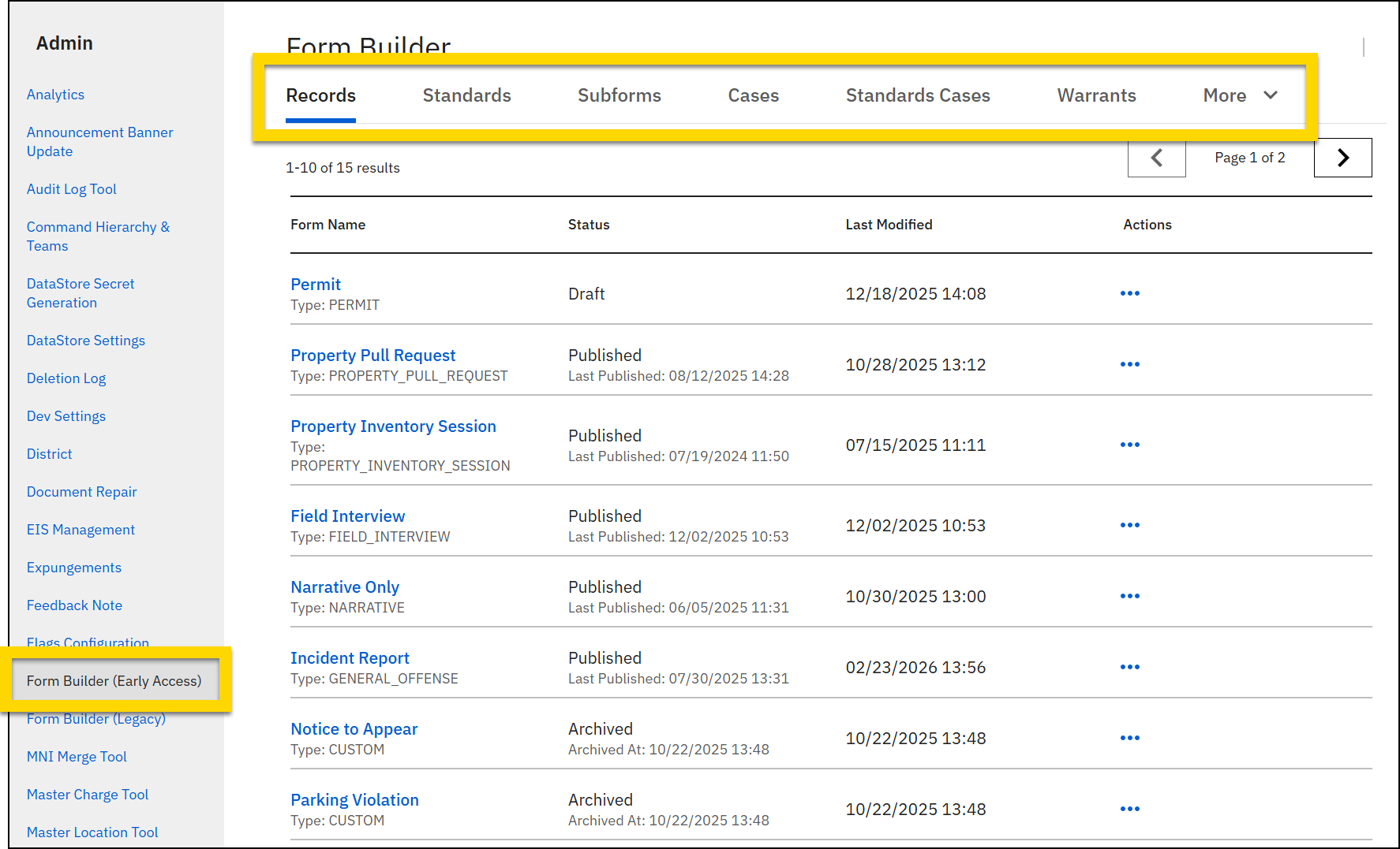 Screenshot of Form Builder with the Form Builder (Agency) option highlighted in the list of tools. A row of tabs at the top of the page are also highlighted.