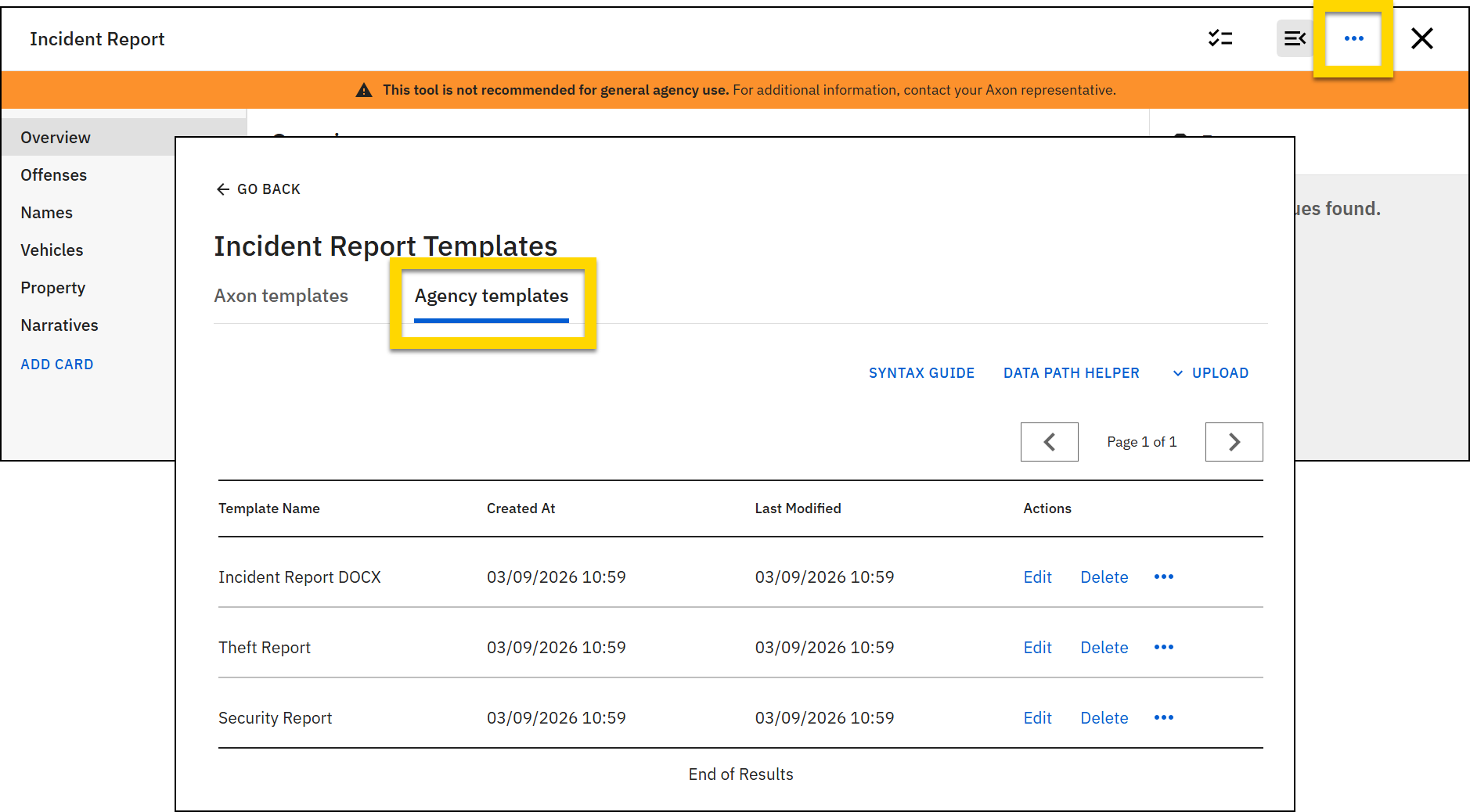 The image shows a form with the ellipsis menu icon highlighted and the Agency templates page open beneath it.