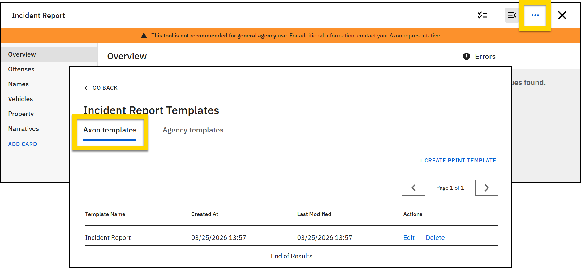 The image shows a form with the ellipsis menu icon highlighted and the Axon templates page open beneath it.