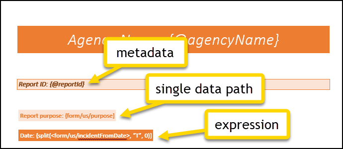 Shows how a mapping appears in a DOCX print template.