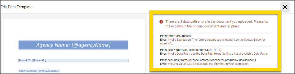 Shows what DOCX template errors look like.