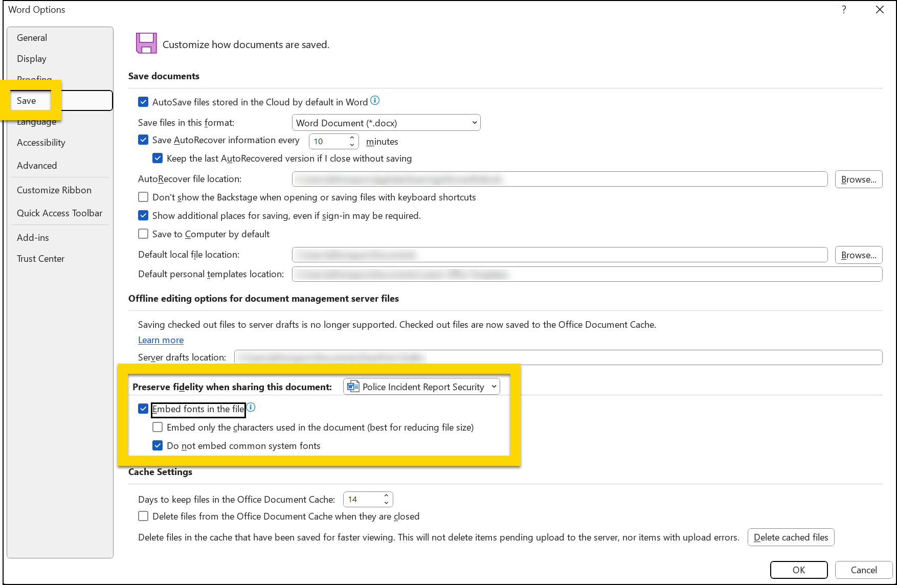 The image shows the Word Options menu in Microsoft Word, specifically the Save settings. The Save tab on the left is highlighted with a yellow box. Additionally, the Preserve fidelity when sharing this document section is also highlighted in yellow, with options to Embed fonts in the file and Do not embed common system fonts checked.