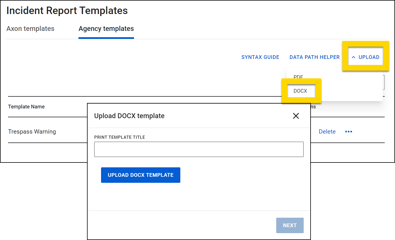 Shows how to upload a DOCX print template.