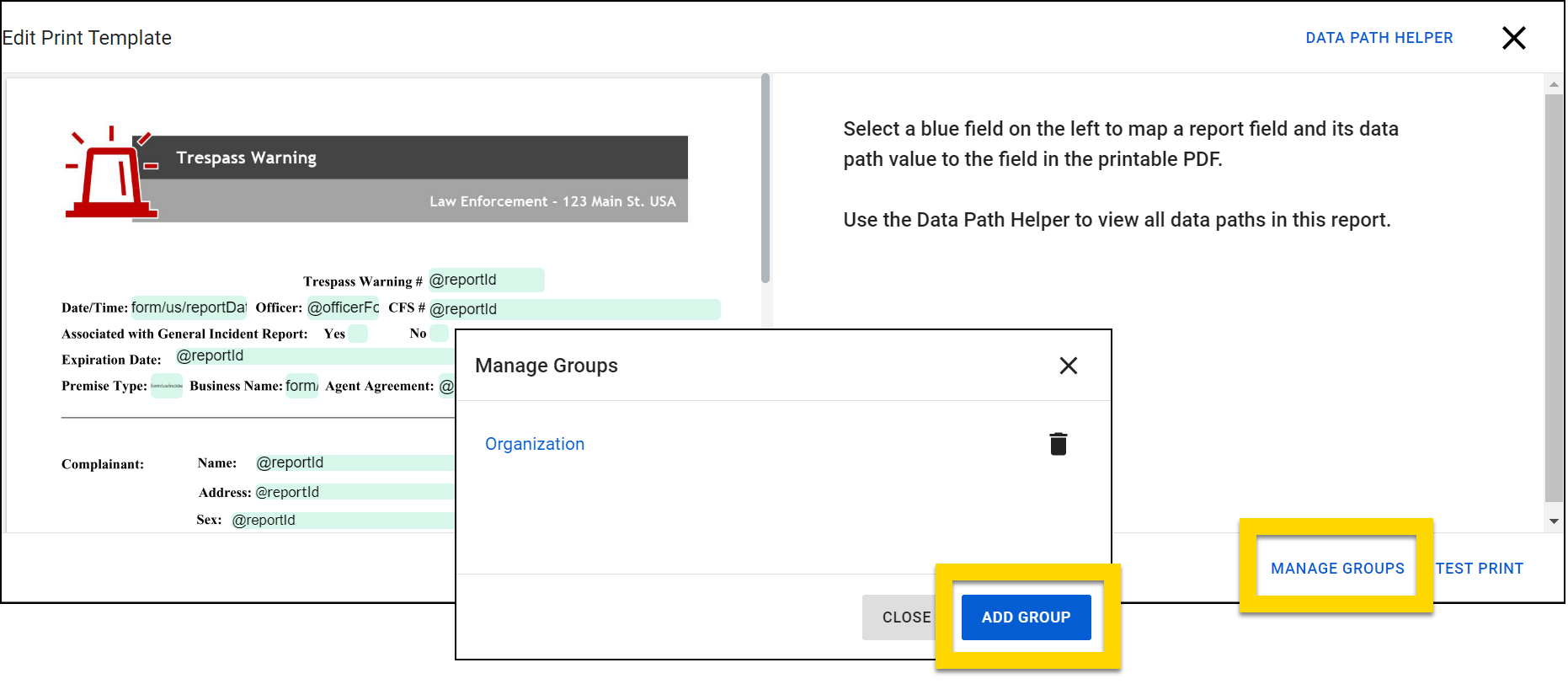 Shows how to add new entity groups for a print template.
