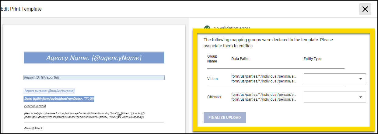 Shows how to add a field to a mapping group when creating a DOCX print template.