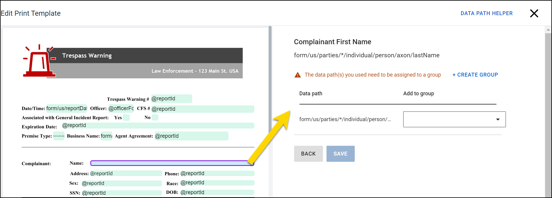 Shows how to add a field to a mapping group when creating a PDF print template.