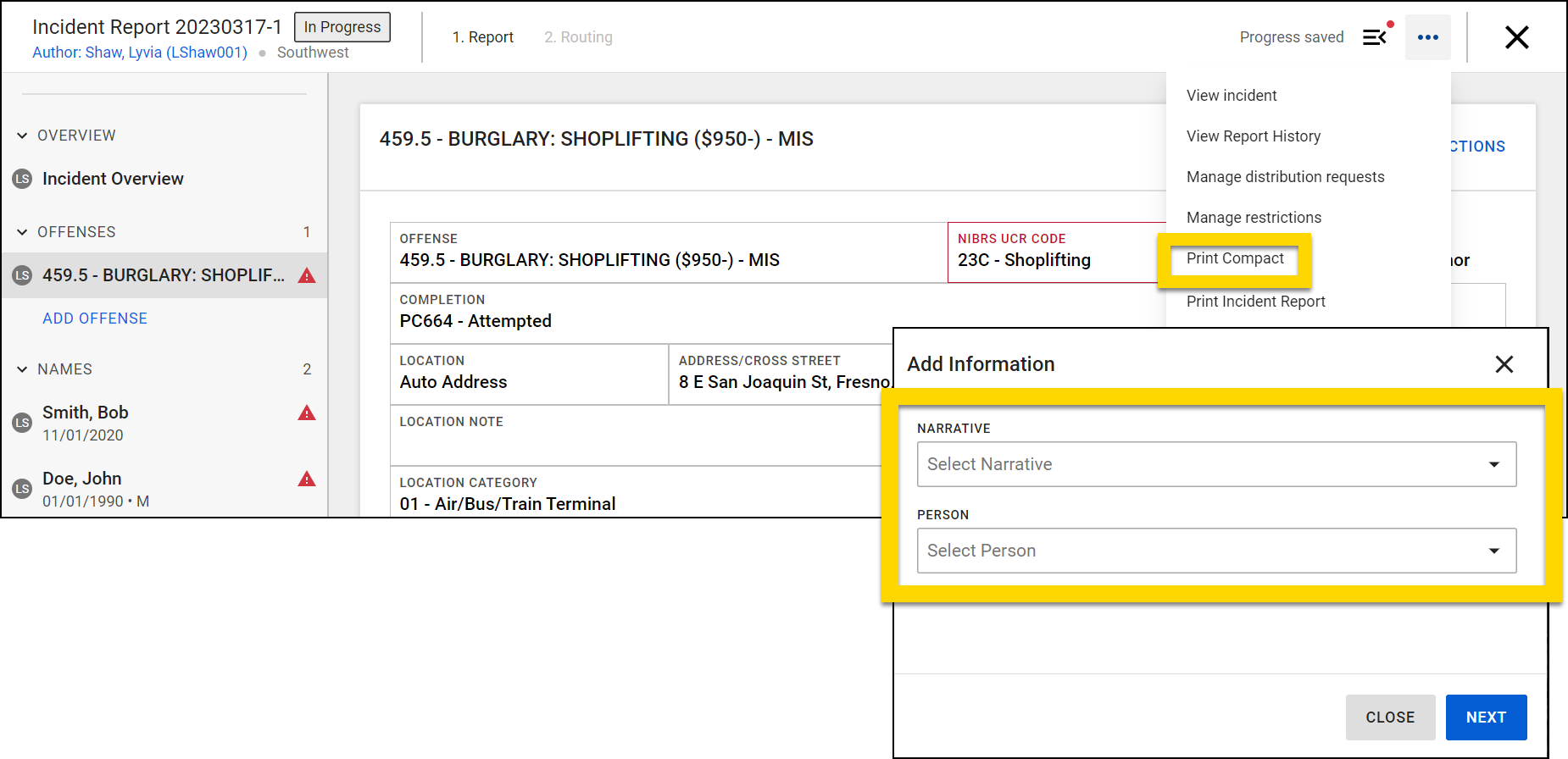 Shows how a user selects a specific person when printing a report.