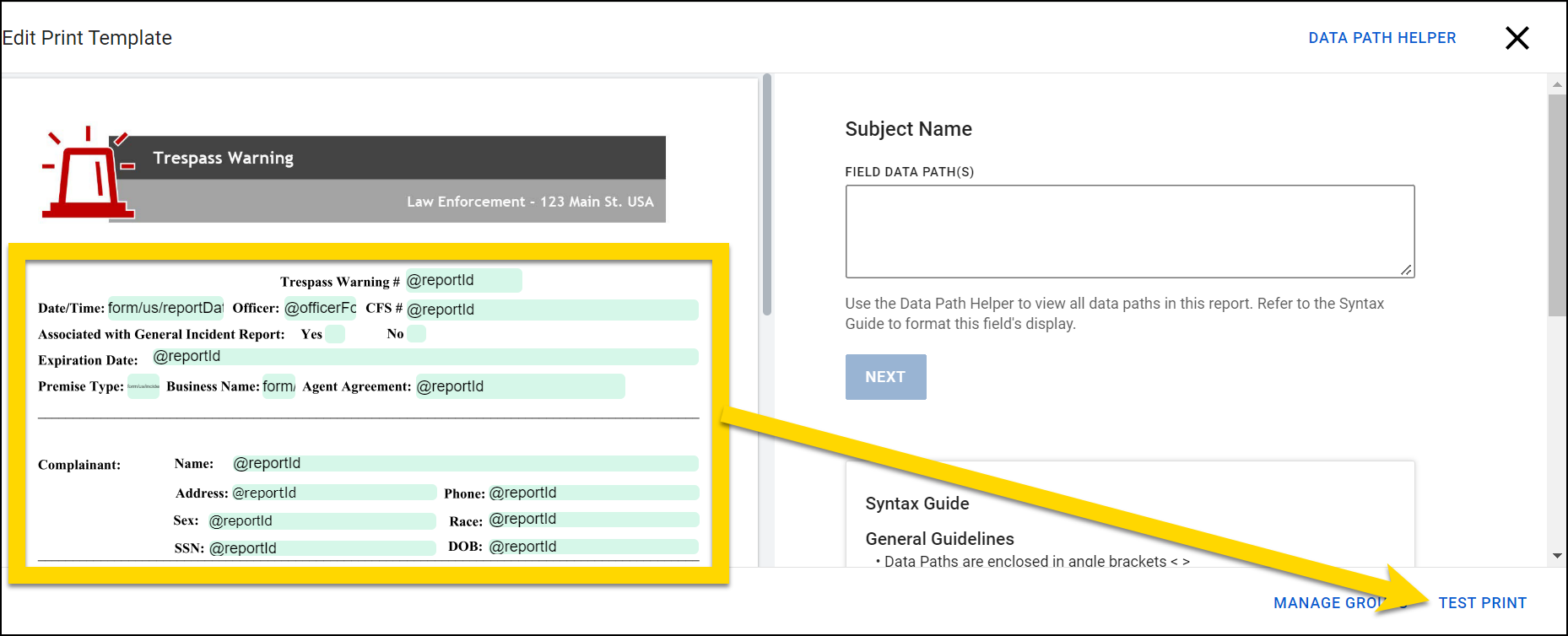 Shows how to complete mappings for all fields in a print template.