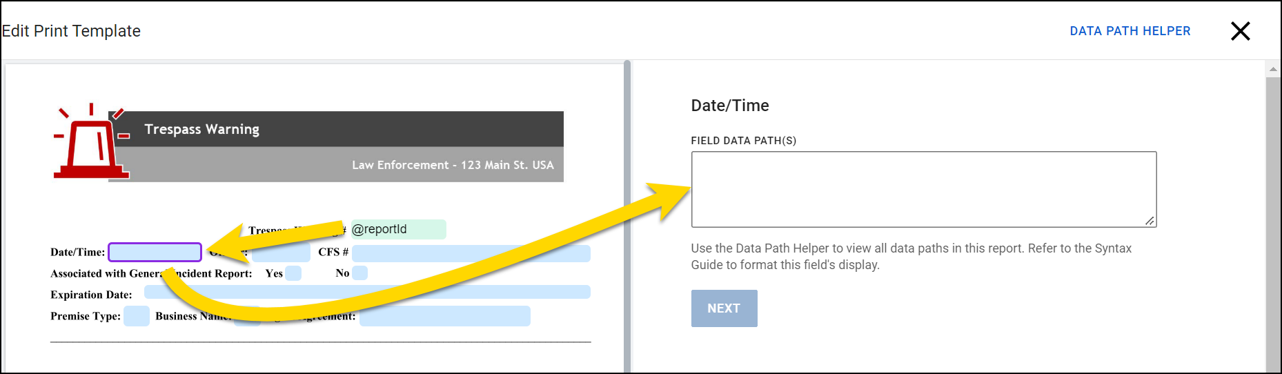 Shows how to move from one tepmlate field to the next to add mappings.