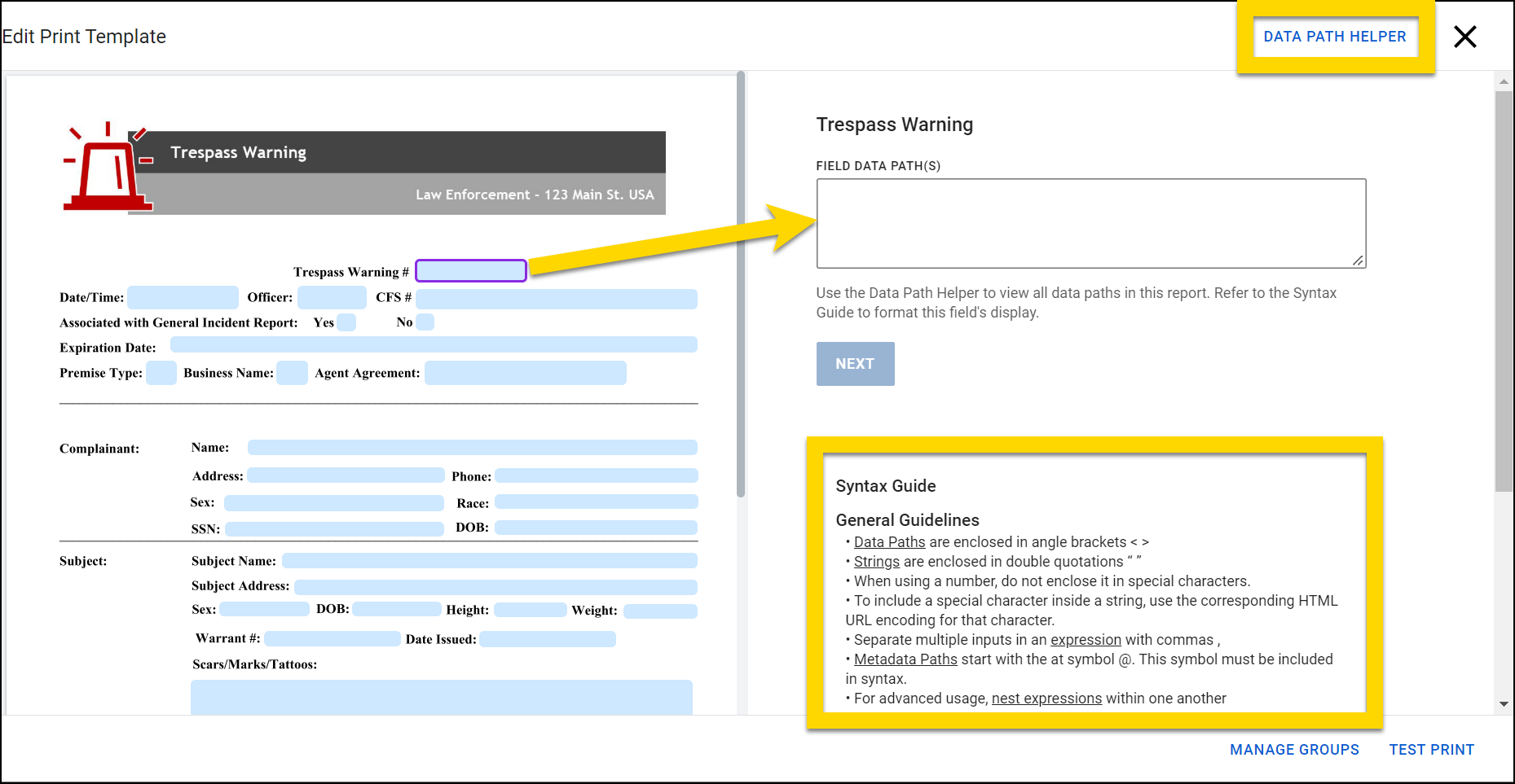 Shows how to select a field in the template and associate it with a Data Path from the report.