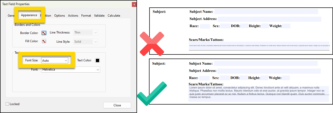 Shows how to update the text size of a form field.