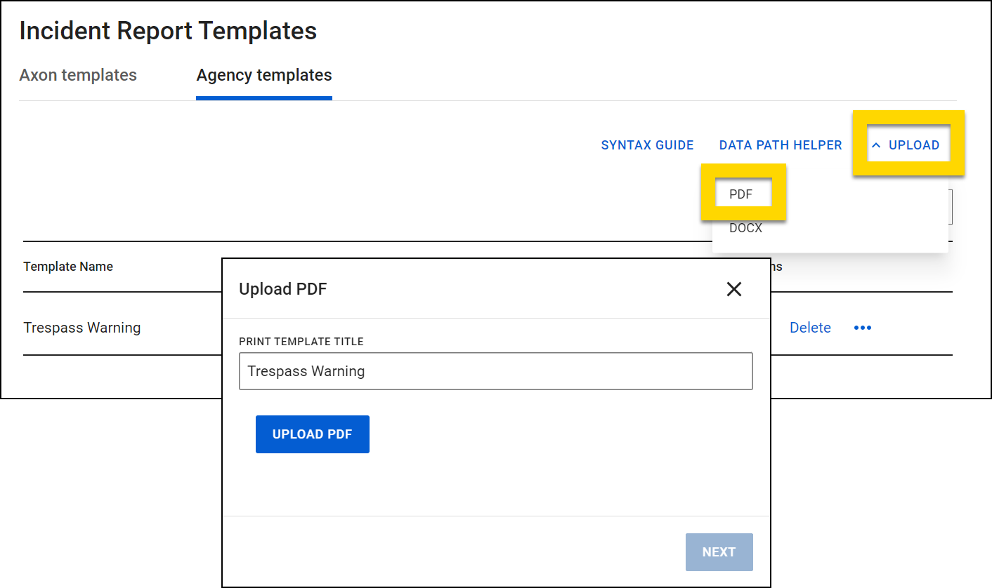 Shows how to upload a new PDF template.