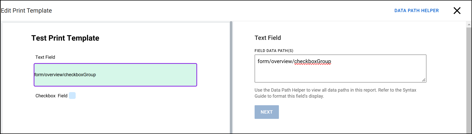 The image shows the Edit Print Template interface with a test print template configuration. On the left, a text field displays a data path highlighted in green. On the right, the Text Field settings panel includes the same data path input.