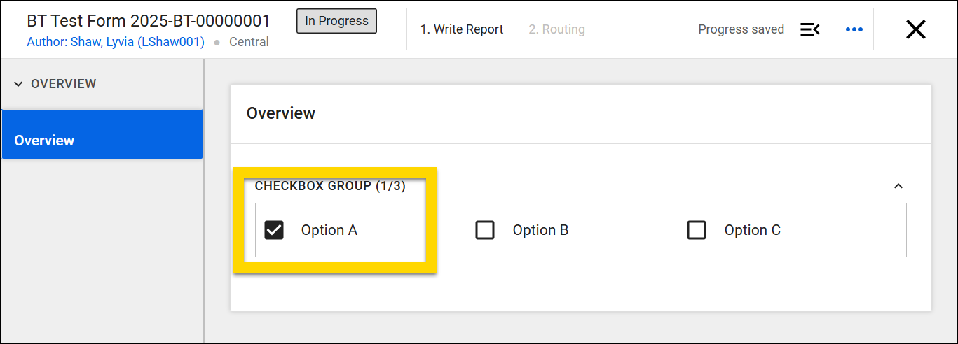 The image shows Report Writer open to a report. A yellow highlight emphasizes the Checkbox Group section in the Overview panel, where Option A is selected while Option B and Option C remain unselected.