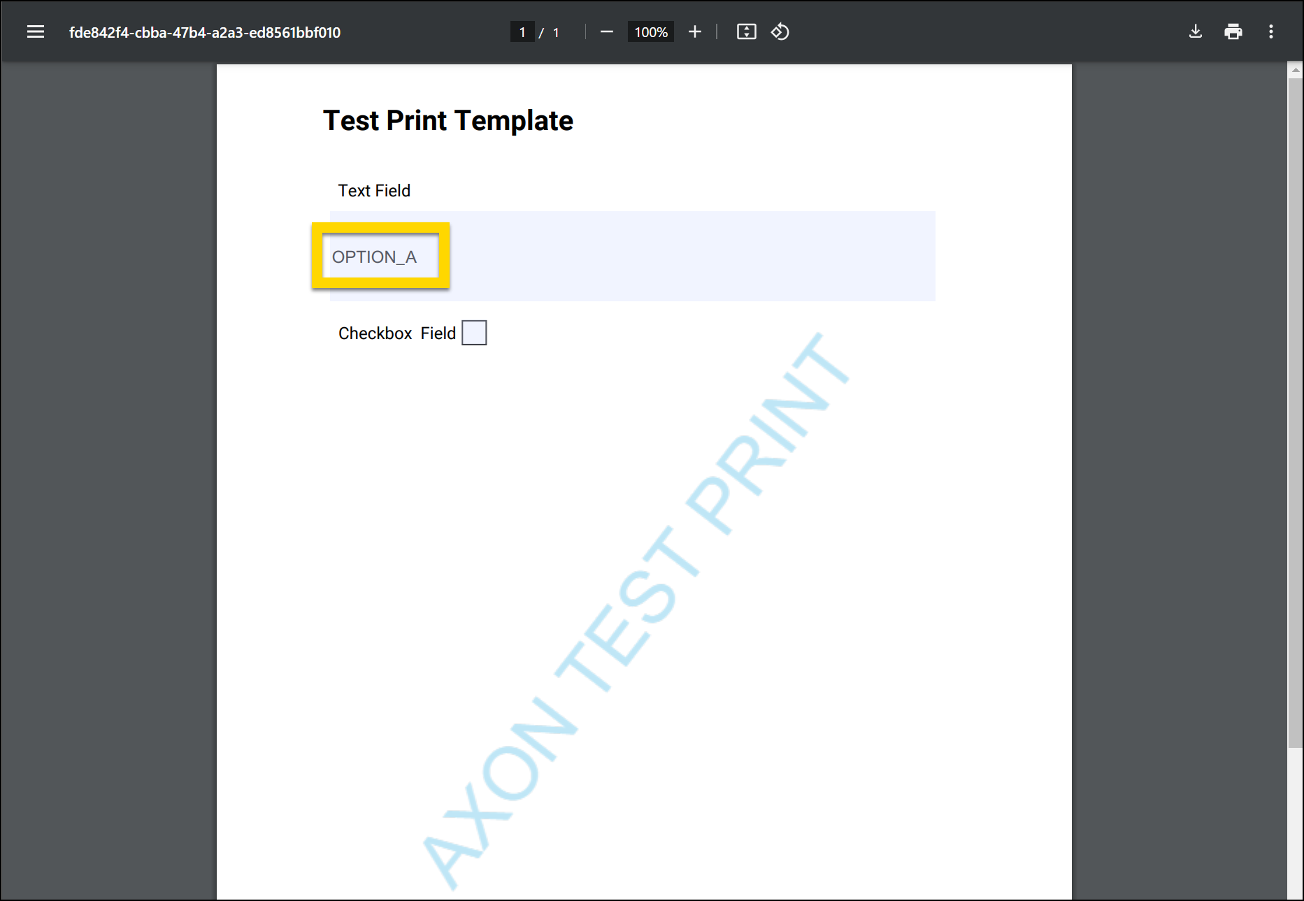 The image shows a PDF preview of a test print template with a watermark labeled Axon Test Print. A yellow highlight emphasizes the text field displaying OPTION_A.