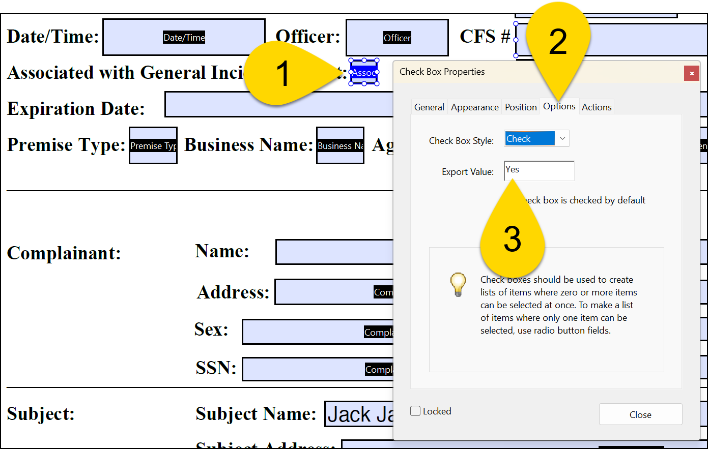 Shows how to update the properties for a checkbox field in Adobe.