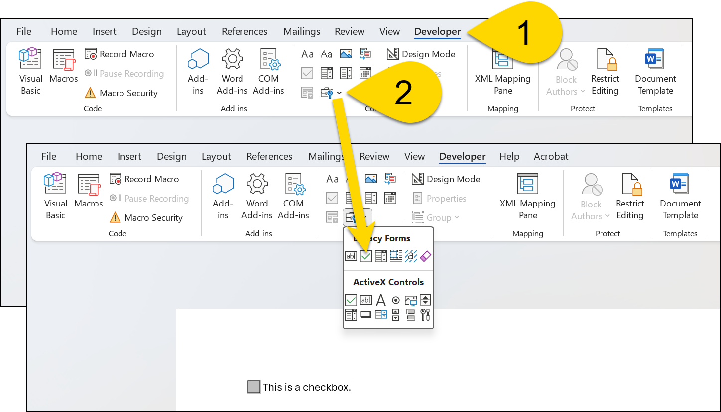 Shows how to add a checkbox to Word.